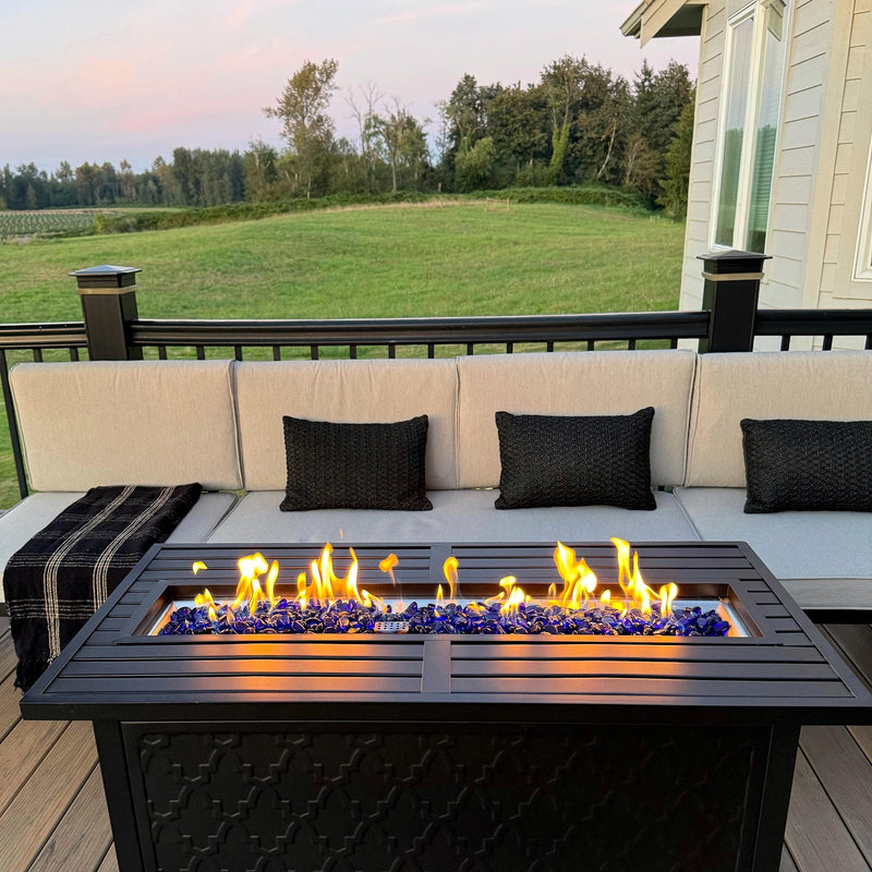 PHI VILLA 50,000 BTU Outdoor Rectangle Metal Gas Fire Pit Table With Lid & Blue Fire Glass