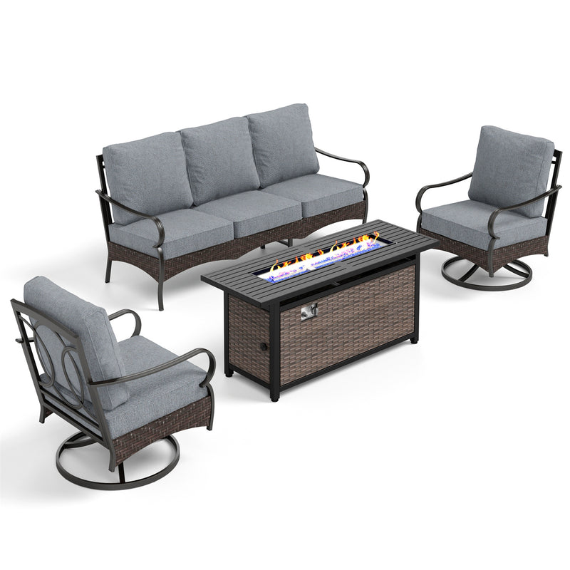 Phi Villa 5-Seater Outdoor Steel & Rattan Sofa Set With Rectangle Fire Pit Table