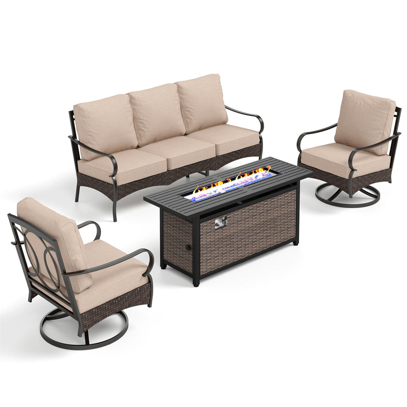 Phi Villa 5-Seater Outdoor Steel & Rattan Sofa Set With Rectangle Fire Pit Table