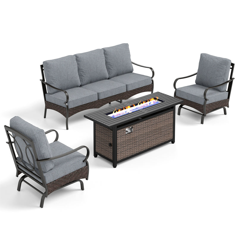 Phi Villa 5-Seater Outdoor Steel & Rattan Sofa Set With Rectangle Fire Pit Table