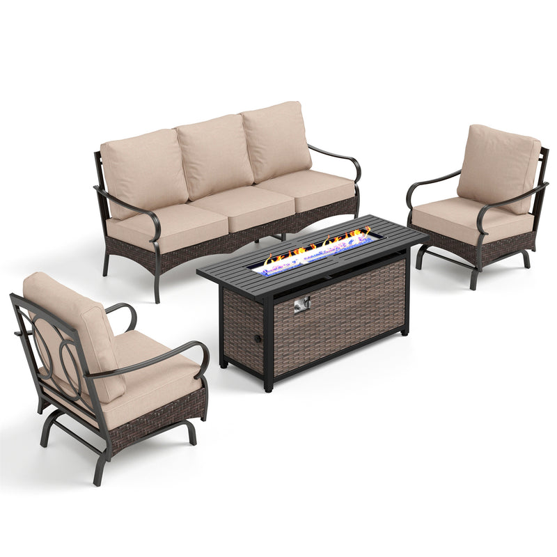 Phi Villa 5-Seater Outdoor Steel & Rattan Sofa Set With Rectangle Fire Pit Table