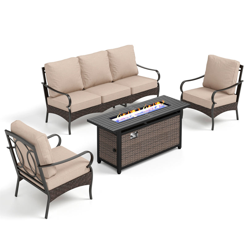 Phi Villa 5-Seater Outdoor Steel & Rattan Sofa Set With Rectangle Fire Pit Table