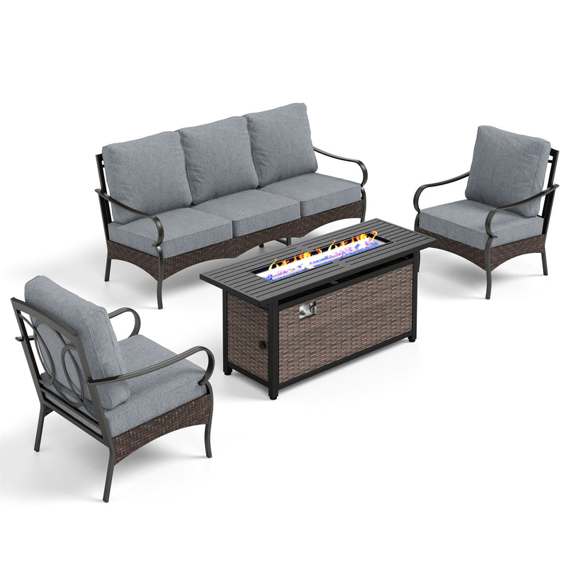 Phi Villa 5-Seater Outdoor Steel & Rattan Sofa Set With Rectangle Fire Pit Table