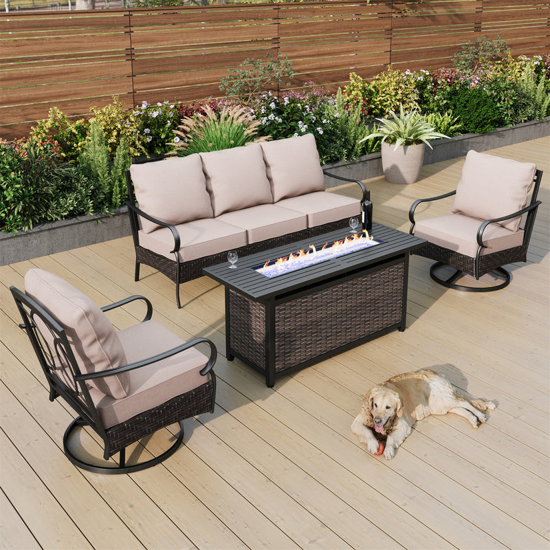 Phi Villa 5-Seater Outdoor Steel & Rattan Sofa Set With Rectangle Fire Pit Table