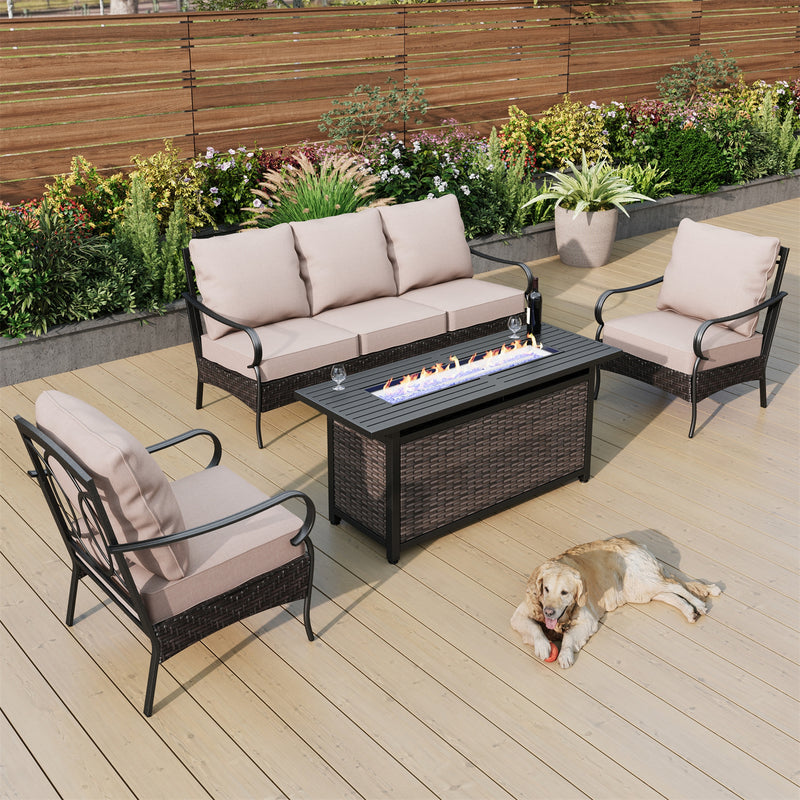 Phi Villa 5-Seater Outdoor Steel & Rattan Sofa Set With Rectangle Fire Pit Table