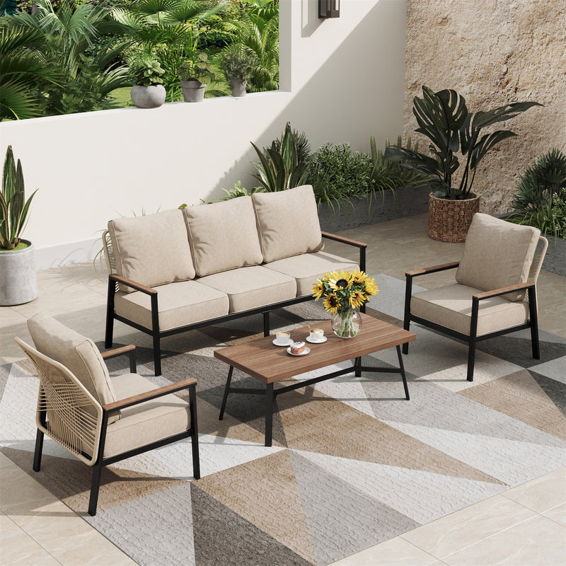 Phi Villa 5-Seater Outdoor Wicker & Steel Sofa Set with Elegant Rattan Backrest Design