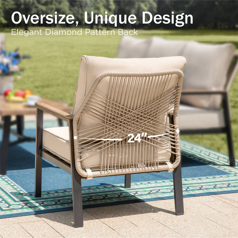 Phi Villa 5-Seater Outdoor Wicker & Steel Sofa Set with Elegant Rattan Backrest Design