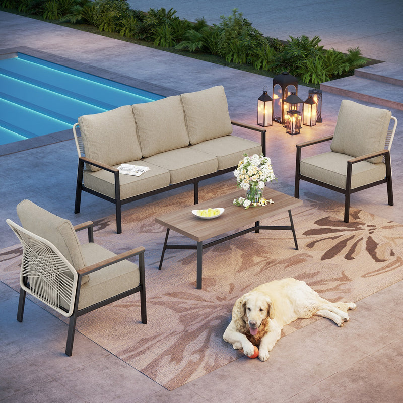 Phi Villa 5-Seater Outdoor Wicker & Steel Sofa Set with Elegant Rattan Backrest Design