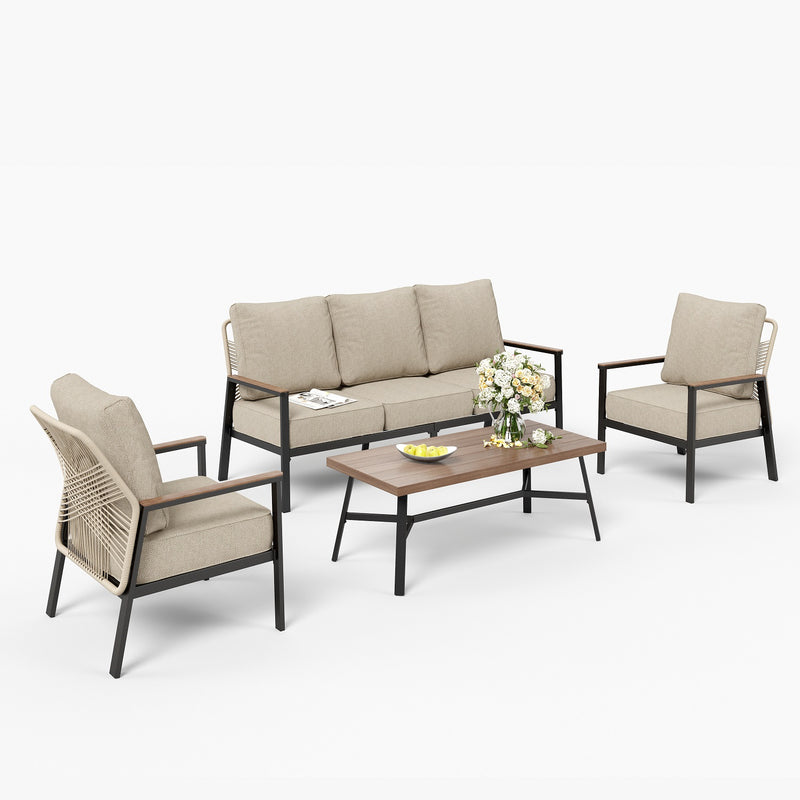 Phi Villa 5-Seater Outdoor Wicker & Steel Sofa Set with Elegant Rattan Backrest Design