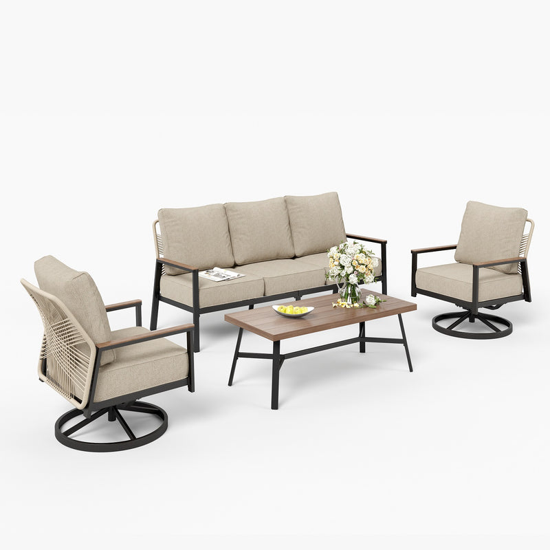 Phi Villa 5-Seater Outdoor Wicker & Steel Sofa Set with Elegant Rattan Backrest Design