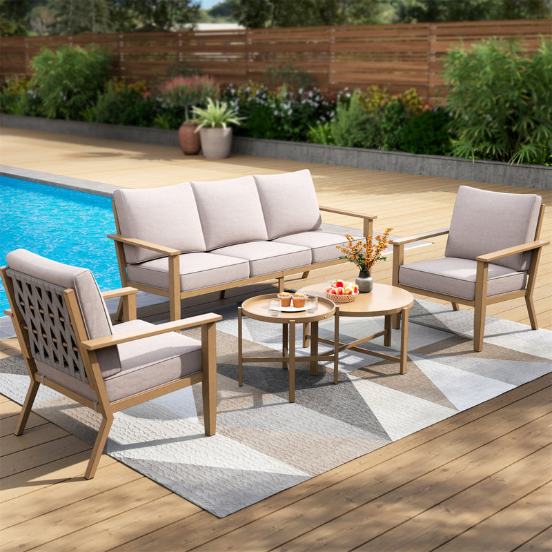 Phi Villa 5-Seater Patio Wood-Like Steel Conversation Sofa Set