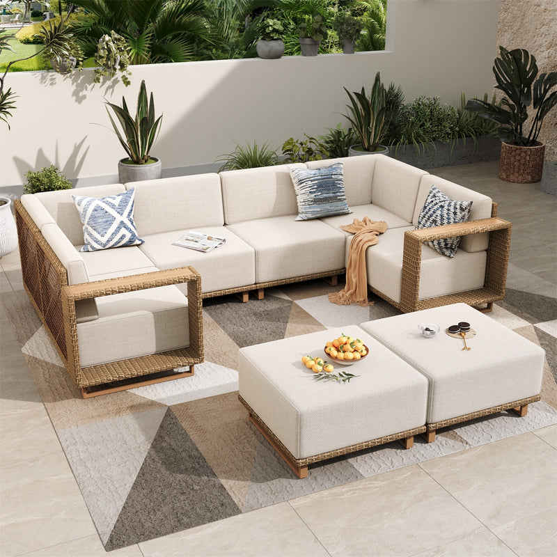 Phi Villa 6-Seater Modern Modular L-Shaped Outdoor Sectional Rattan Sofa Set