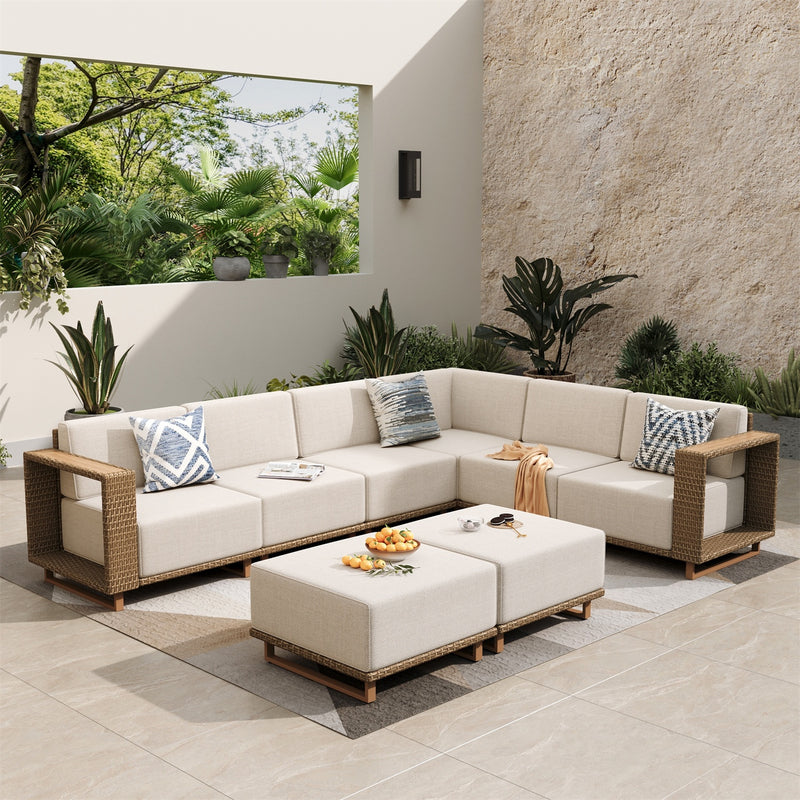 Phi Villa 6-Seater Modern Modular L-Shaped Outdoor Sectional Rattan Sofa Set