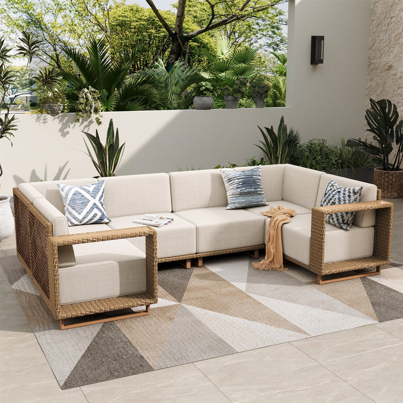 Phi Villa 6-Seater Modern Modular L-Shaped Outdoor Sectional Rattan Sofa Set