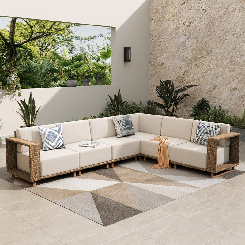 Phi Villa 6-Seater Modern L-Shaped Sectional Rattan Outdoor Sofa Set