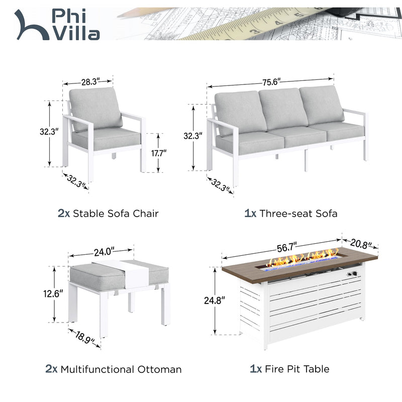 Phi Villa 7-Seater Patio Aluminum Sofa With Rectangle Metal Gas Fire Pit Table