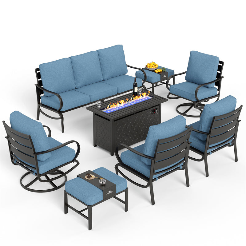 Phi Villa 9-Seater Patio Steel Conversation Sofa Sets With Leather Grain Fire Pit Table