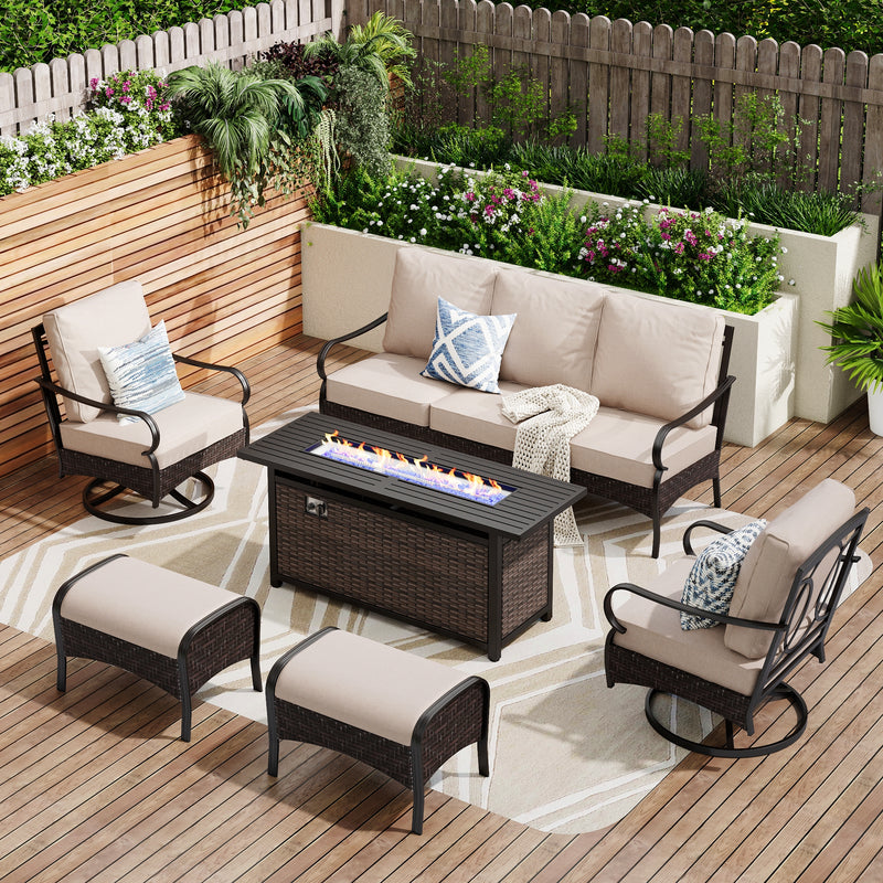 Phi Villa Outdoor Steel & Rattan Sofa Set With Rectangle Fire Pit Table