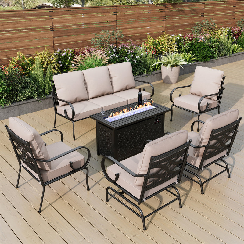 Phi Villa 7-Seater Outdoor Elegant Steel Conversation Sofa Set With Fire Pit Table