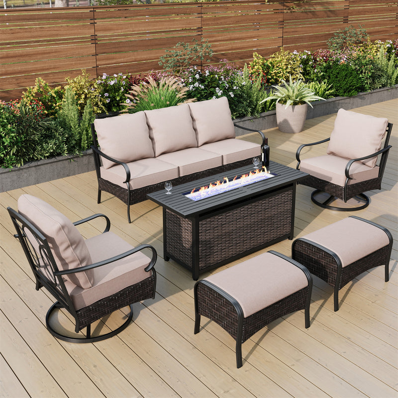 Phi Villa Outdoor Steel & Rattan Sofa Set With Rectangle Fire Pit Table