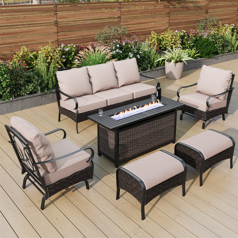 Phi Villa 7-Seater Outdoor Steel & Rattan Sofa Set With Rectangle Fire Pit Table