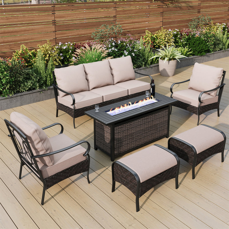 Phi Villa 7-Seater Outdoor Steel & Rattan Sofa Set With Rectangle Fire Pit Table