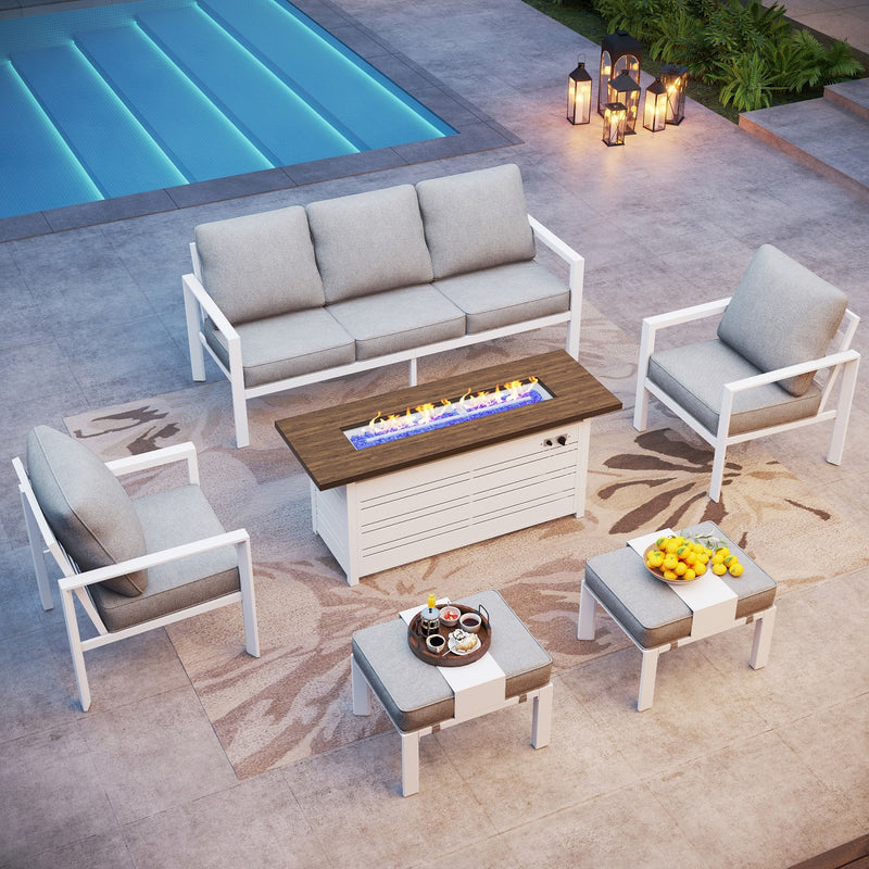 Phi Villa 7-Seater Patio Aluminum Sofa With Rectangle Metal Gas Fire Pit Table