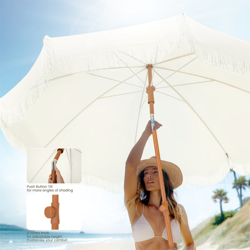 Phi Villa 7ft Patio Beach Tassel Umbrella UPF 50+ With Carry Bag