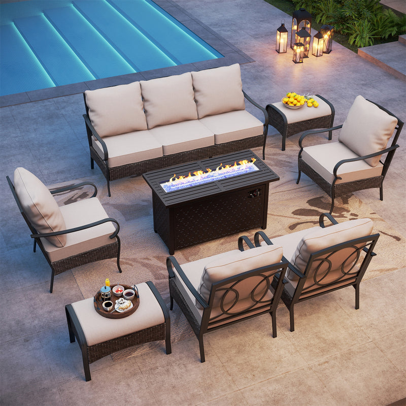 Phi Villa 9-Seat Outdoor Steel & Rattan Conversation Sofa Set With Leather Grain Fire Pit Table