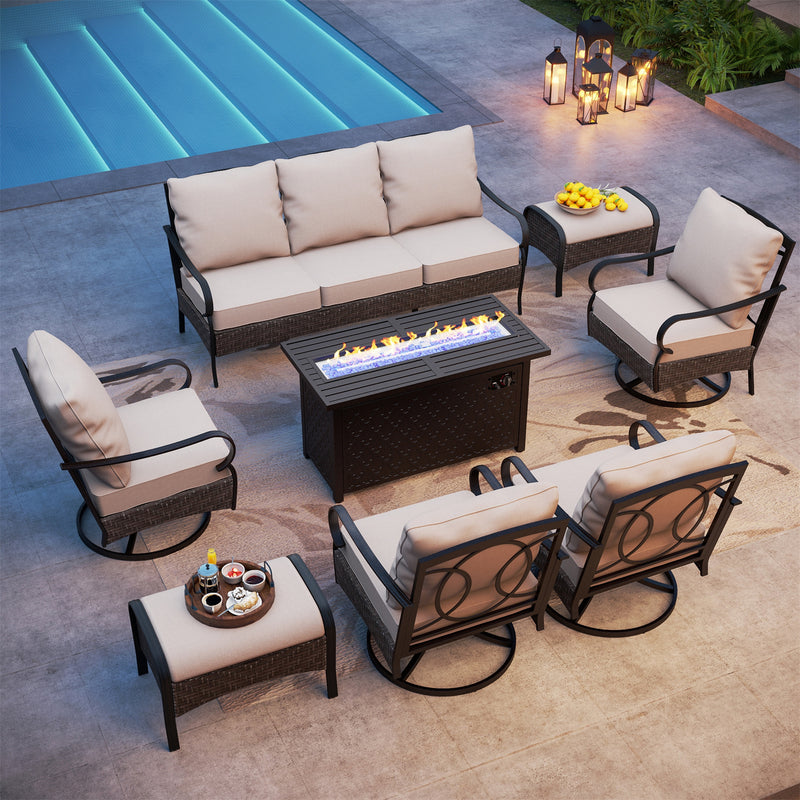 Phi Villa Outdoor Steel & Rattan Sofa Set With Rectangle Fire Pit Table