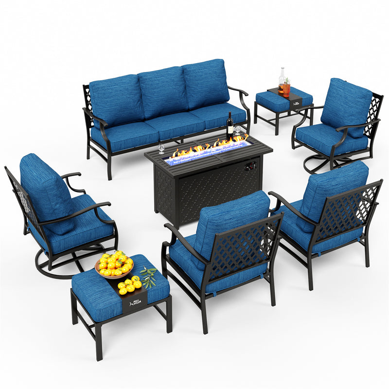 Phi Villa 9-Seater Outdoor Steel Conversation Sofa Sets With Leather Grain Fire Pit Table