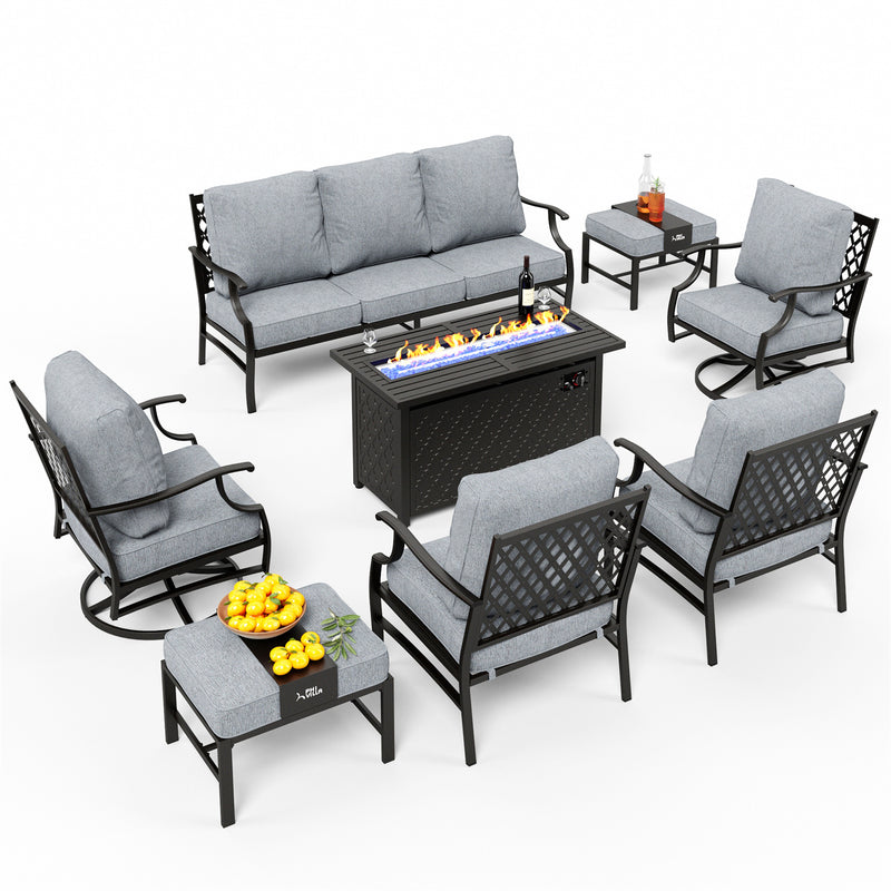 Phi Villa 9-Seater Outdoor Steel Conversation Sofa Sets With Leather Grain Fire Pit Table