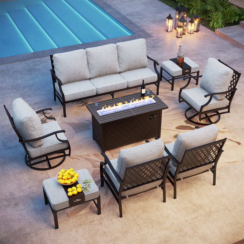 Phi Villa 9-Seater Outdoor Steel Conversation Sofa Sets With Leather Grain Fire Pit Table