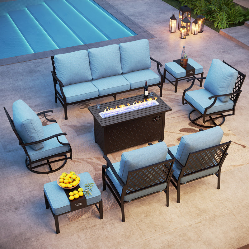 Phi Villa 9-Seater Outdoor Steel Conversation Sofa Sets With Leather Grain Fire Pit Table