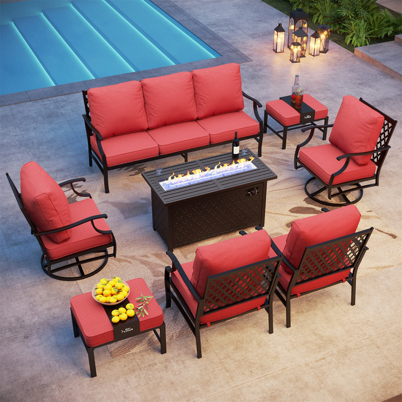 Phi Villa 9-Seater Outdoor Steel Conversation Sofa Sets With Leather Grain Fire Pit Table