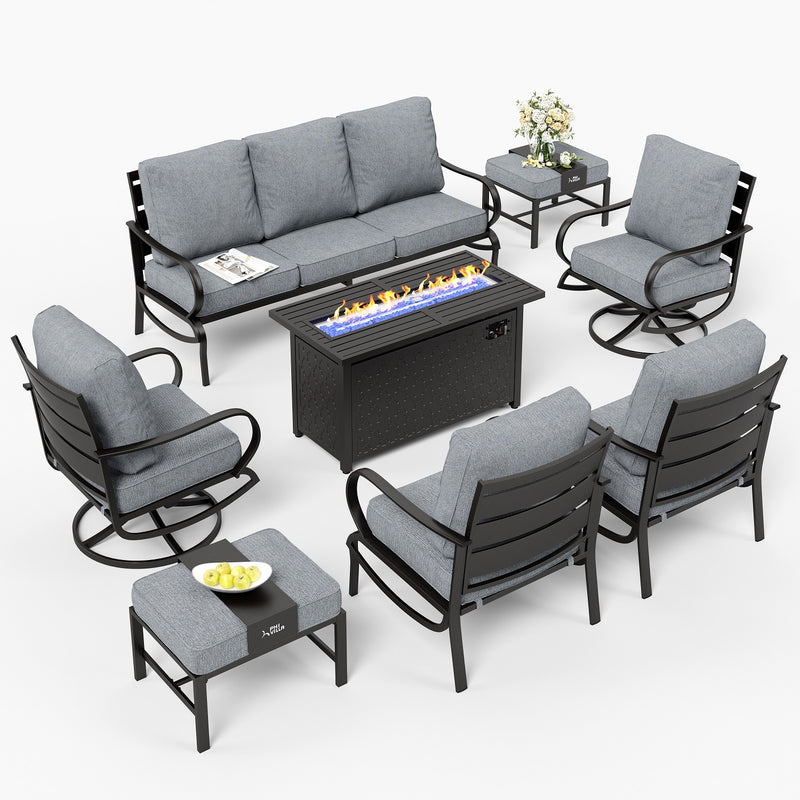 Phi Villa 9-Seater Patio Steel Conversation Sofa Sets With Leather Grain Fire Pit Table