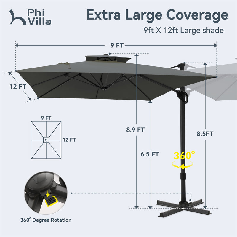 PHI VILLA 9X12ft Hydraulic Cantilever Umbrella Outdoor Patio Parasols Umbrellas