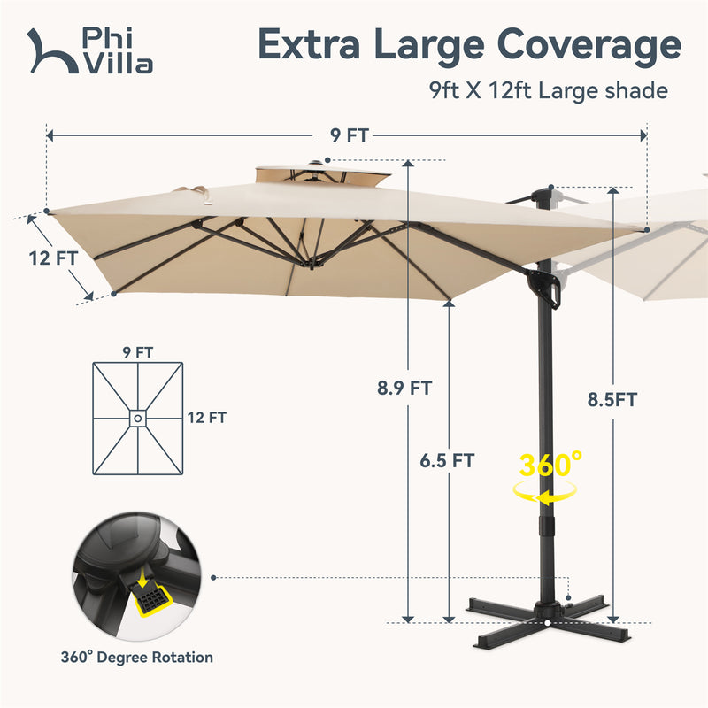 PHI VILLA 9X12ft Hydraulic Cantilever Patio Parasols Umbrellas