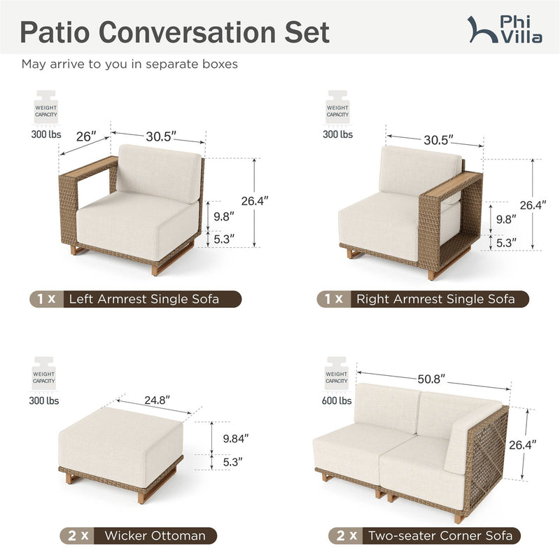 Phi Villa 6-Seater Modern L-Shaped Sectional Rattan Outdoor Sofa Set