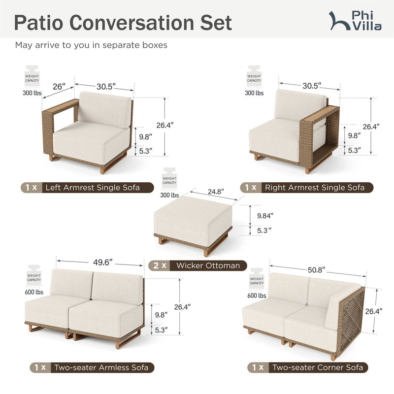 Phi Villa 6-Seater Modern Modular L-Shaped Outdoor Sectional Rattan Sofa Set