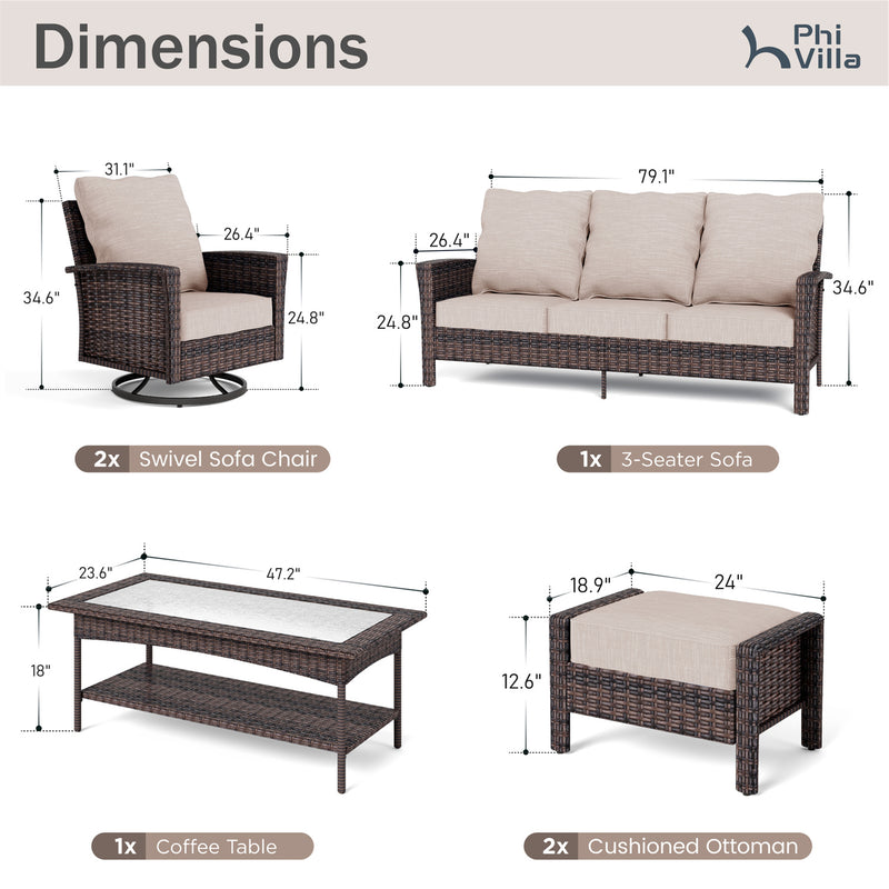 Phi Villa Outdoor Rattan Furniture Wicker 7-Seater Patio Swivel Sofa Sets with Coffee Table