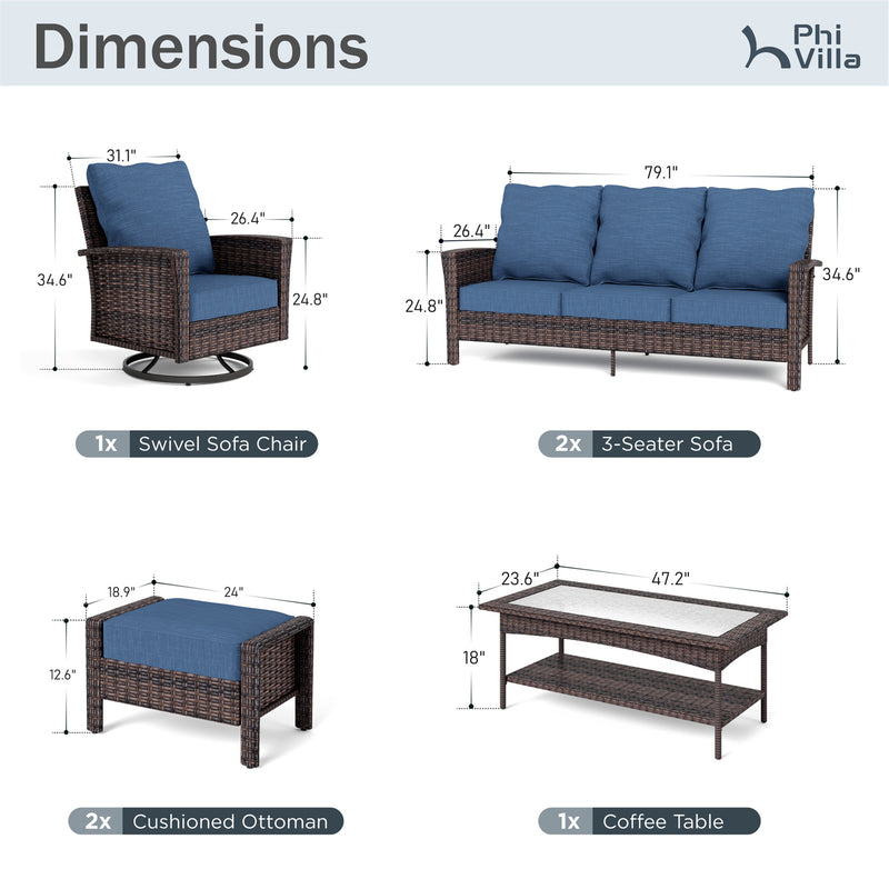 Phi Villa Outdoor Rattan Furniture Wicker 7-Seater Patio Swivel Sofa Sets with Coffee Table