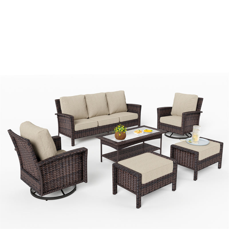 Phi Villa Outdoor Rattan Furniture Wicker 7-Seater Patio Swivel Sofa Sets with Coffee Table