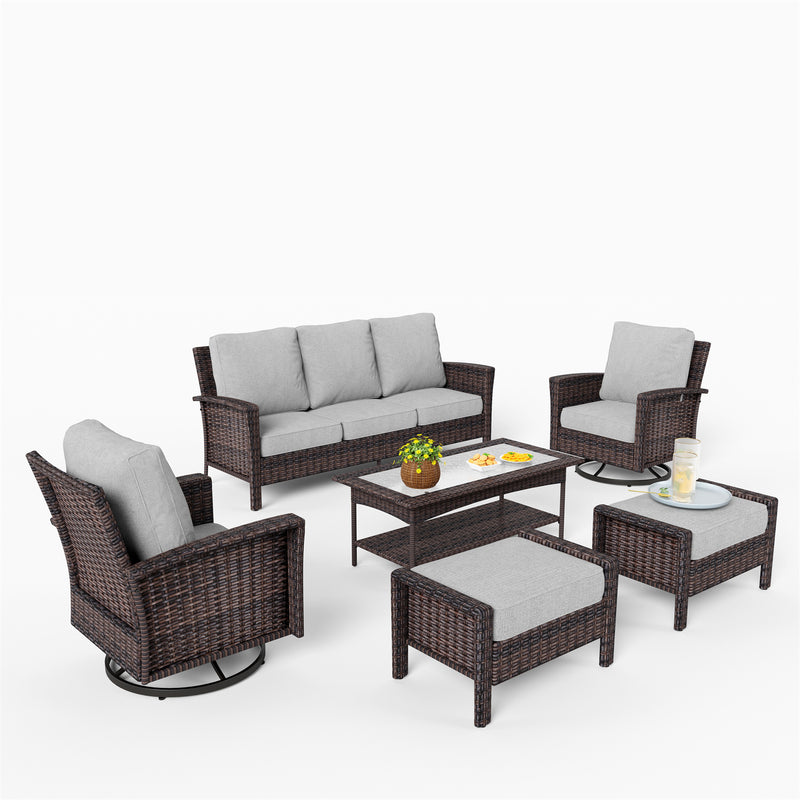 Phi Villa Outdoor Rattan Furniture Wicker 7-Seater Patio Swivel Sofa Sets with Coffee Table