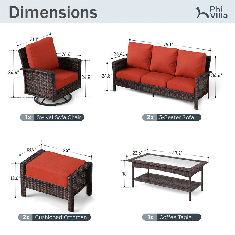 Phi Villa Outdoor Rattan Furniture Wicker 7-Seater Patio Swivel Sofa Sets with Coffee Table