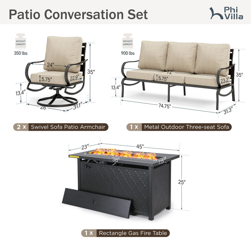 Phi Villa 5-Seater Patio Steel Conversation Sofa Sets With Leather Grain Fire Pit Table