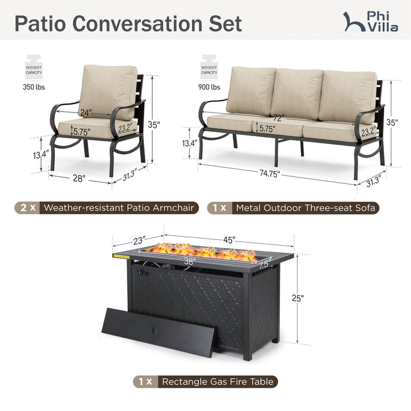 Phi Villa 5-Seater Patio Steel Conversation Sofa Sets With Leather Grain Fire Pit Table