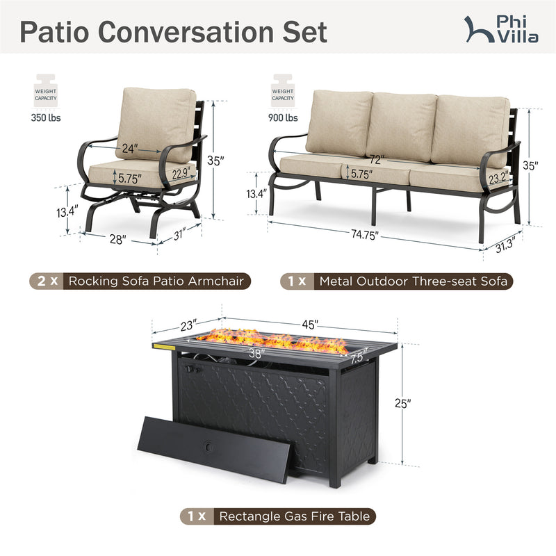 Phi Villa 5-Seater Patio Steel Conversation Sofa Sets With Leather Grain Fire Pit Table