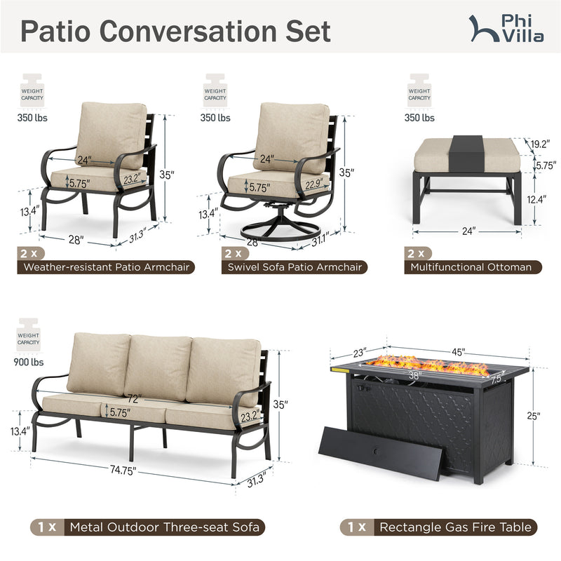 Phi Villa 9-Seater Patio Steel Conversation Sofa Sets With Leather Grain Fire Pit Table