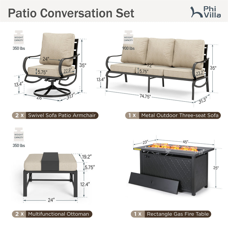 Phi Villa Outdoor Steel Swivel Sofa Sets With Leather Grain Fire Pit Table for Sale